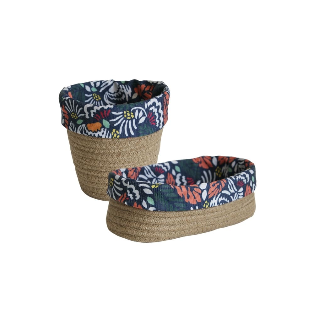 Lot panier rangement, pochon corde tressée et tissu bleu motif fleuri