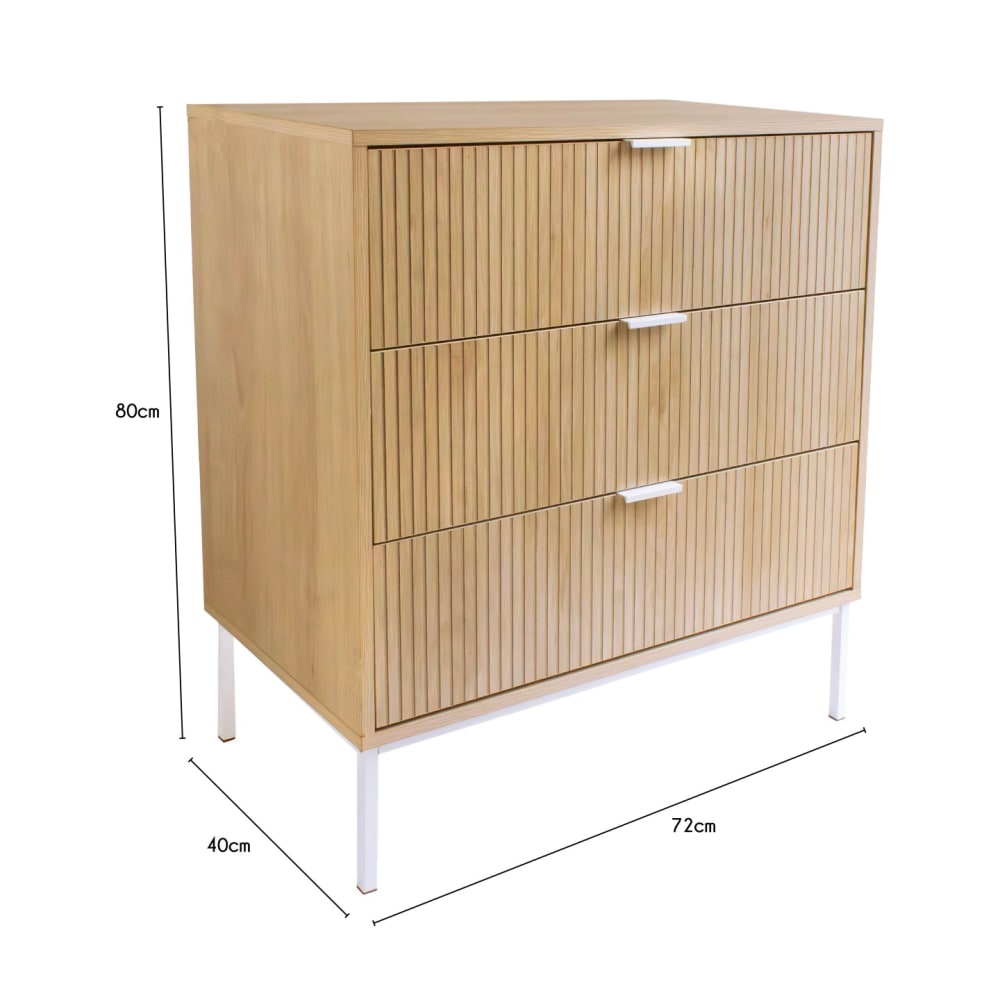 Kommode mit 3 Schubladen, Naturholz, 72 x 40 x 80 cm - Maisons Du