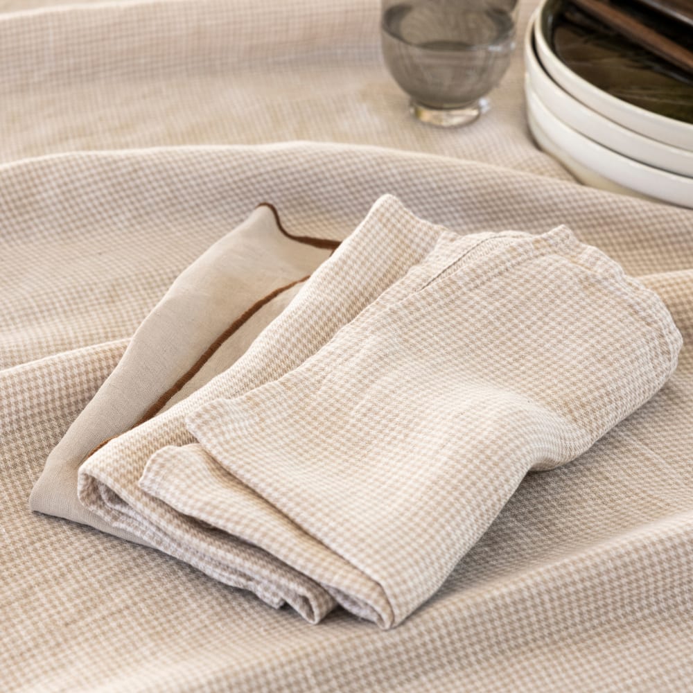 Serviette de table en lin lavé pied de poule beige 45x45cm - lot de 2