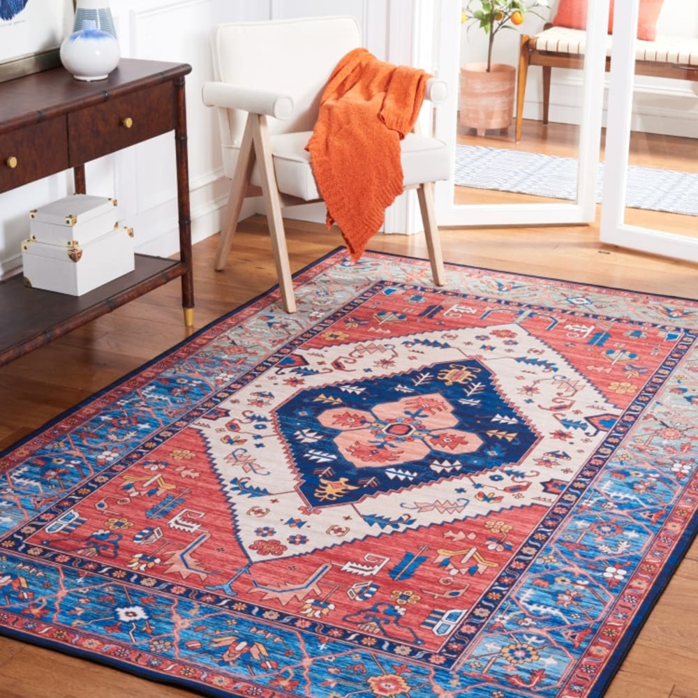 Tapis géométrique en polyester orange/bleu, 122 x 183 cm — vue 3