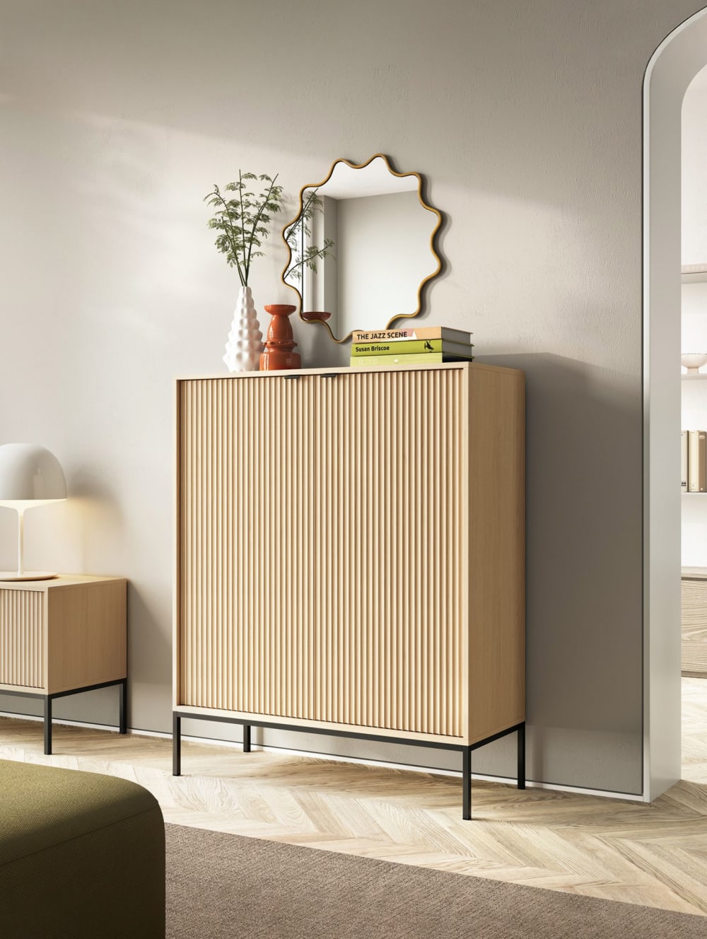 Highboard 2-türig, Eiche Vicenza Optik mit schwarzem Gestell, 104