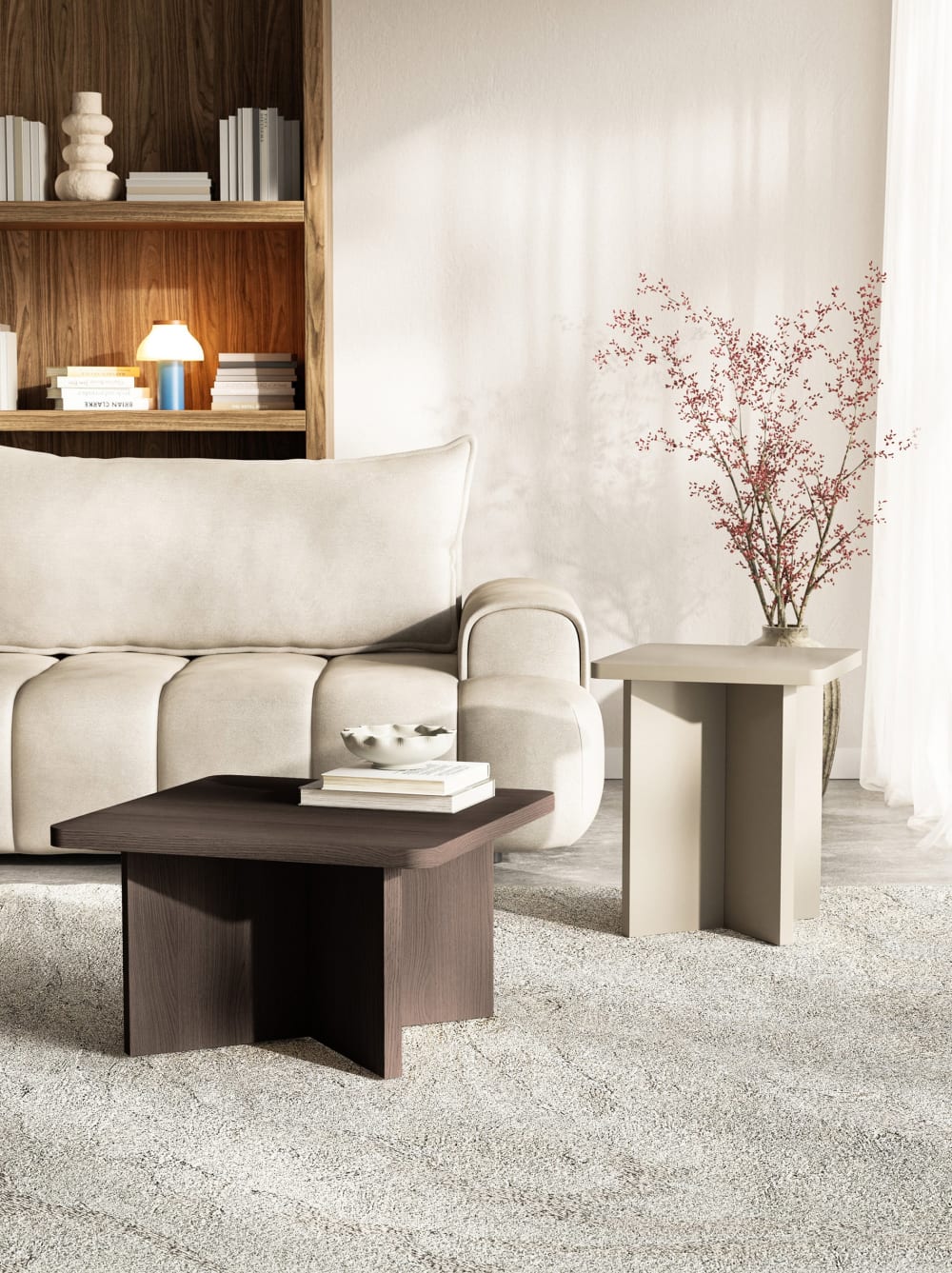 Couchtisch quadratisch mit Kreuzgestell, Holzoptik Esche Braun,