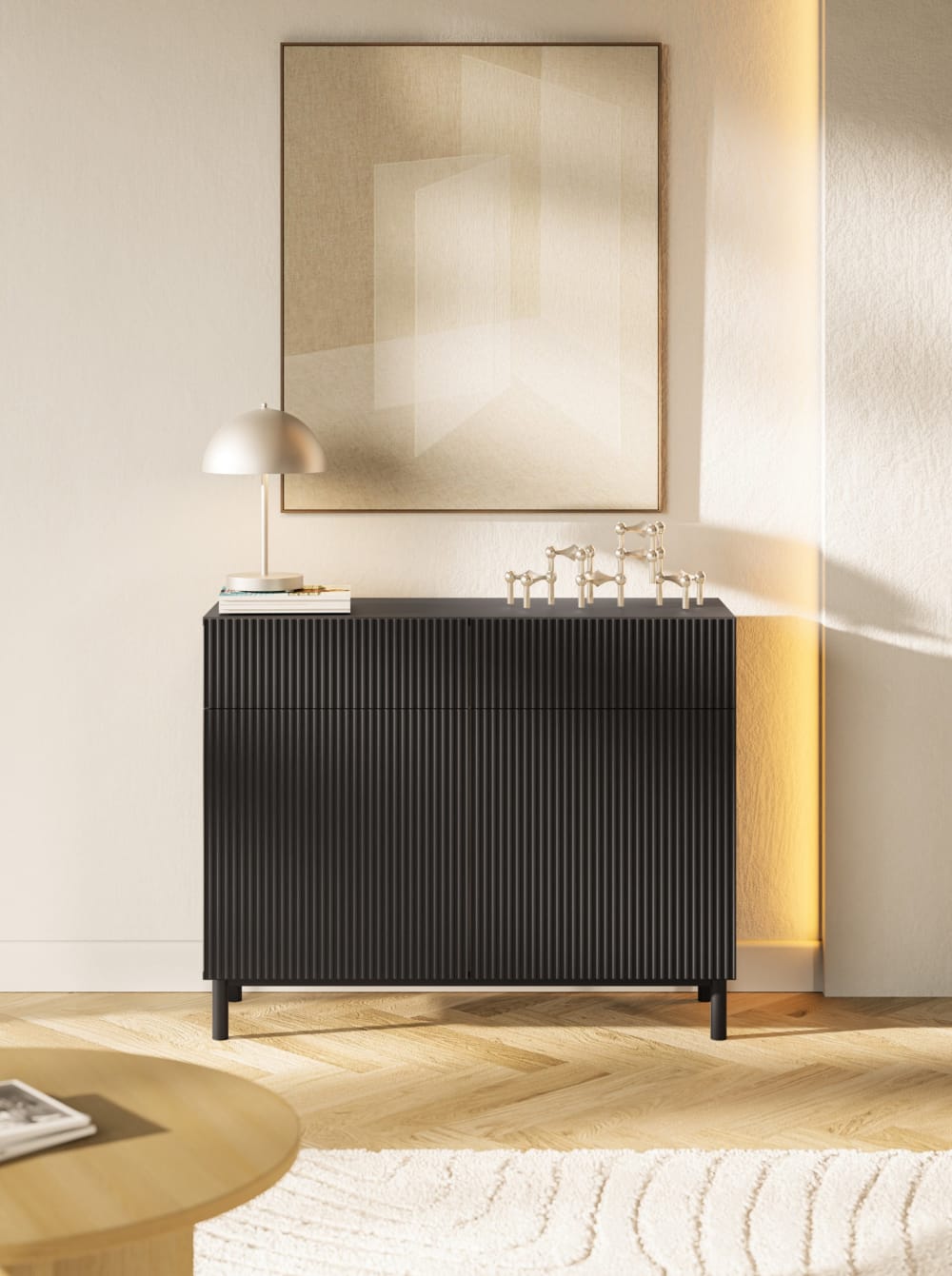 Sideboard zweitürig mit Rillenfront und 2 Schubladen, Schwarz,