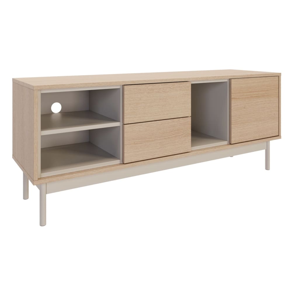 Meuble tv 2 tiroirs 3 niches ouvertes, aspect chêne / gris cachemire Meuble tv 2 tiroirs 3 niches ouvertes, aspect chêne / gris cachemire