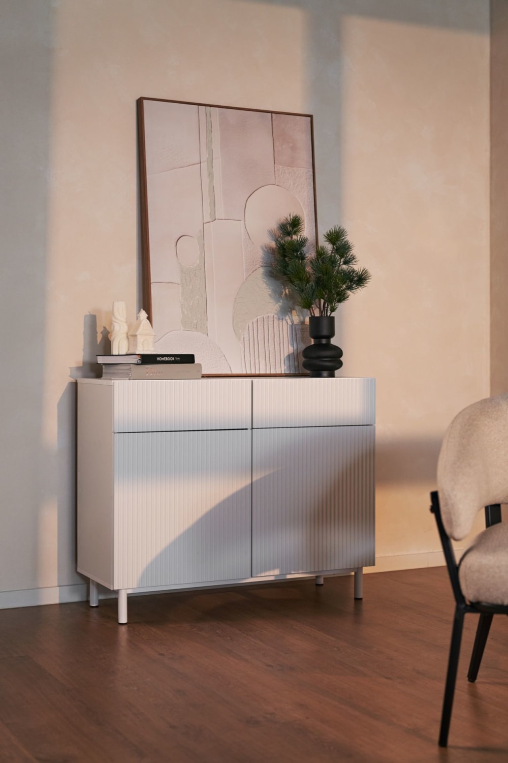 Sideboard zweitürig mit Rillenfront und 2 Schubladen, Greige, 100
