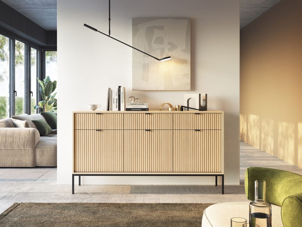 Sideboard 3-türig, Holzoptik Eiche mit schwarzem Gestell, 154 cm