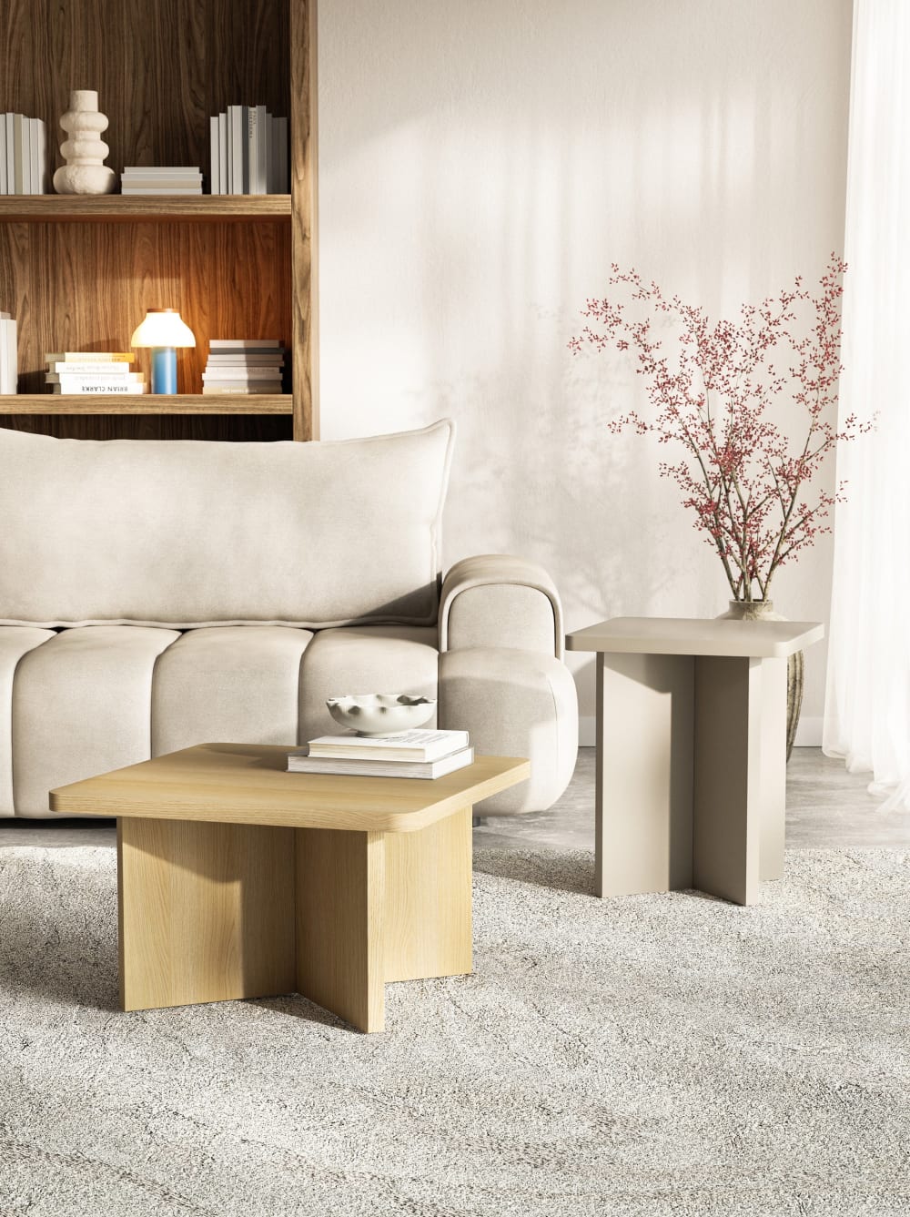 Couchtisch quadratisch mit Kreuzgestell, Holzoptik Eiche, 60 cm -