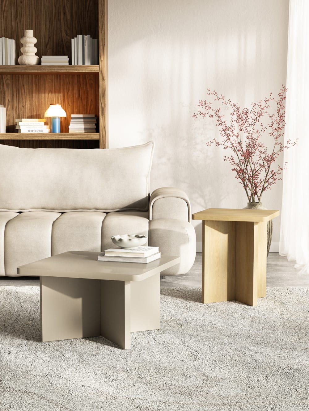 Couchtisch quadratisch mit Kreuzgestell, Holzoptik Eiche, 42 cm -