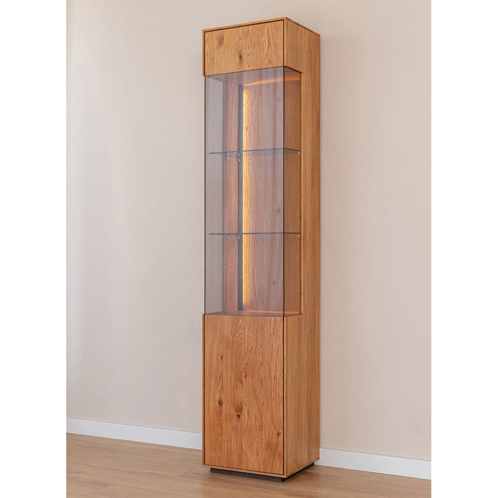 Vitrine mit Glastür aus Massivholz, 43x37x205cm, wildeiche natur