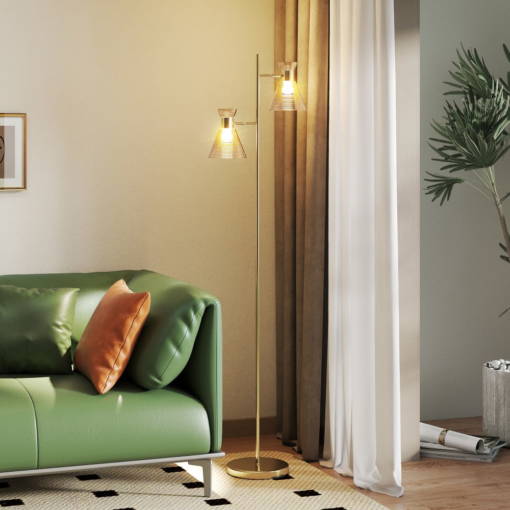 Lampadaire sur pied salon double tête réglable métal doré — vue 3
