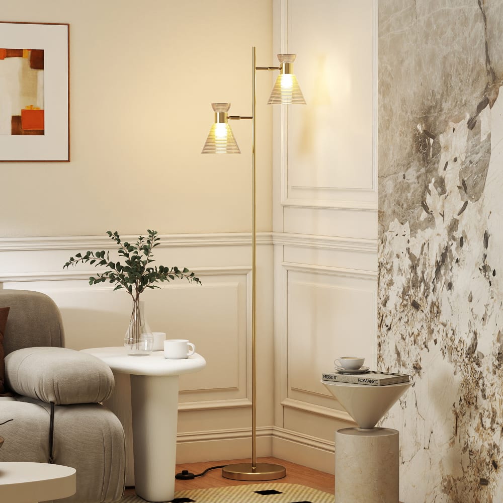 Lampadaire sur pied salon double tête réglable métal doré — vue 4