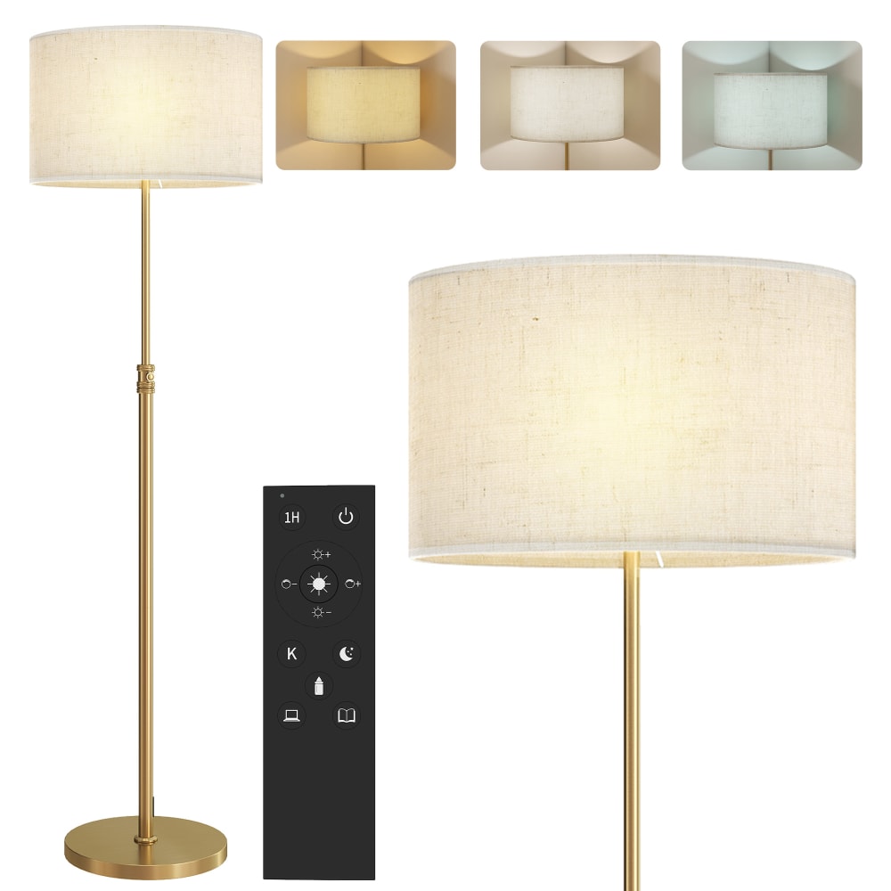 Lampadaire sur pied salon hauteur réglable abat-jour en lin acier doré