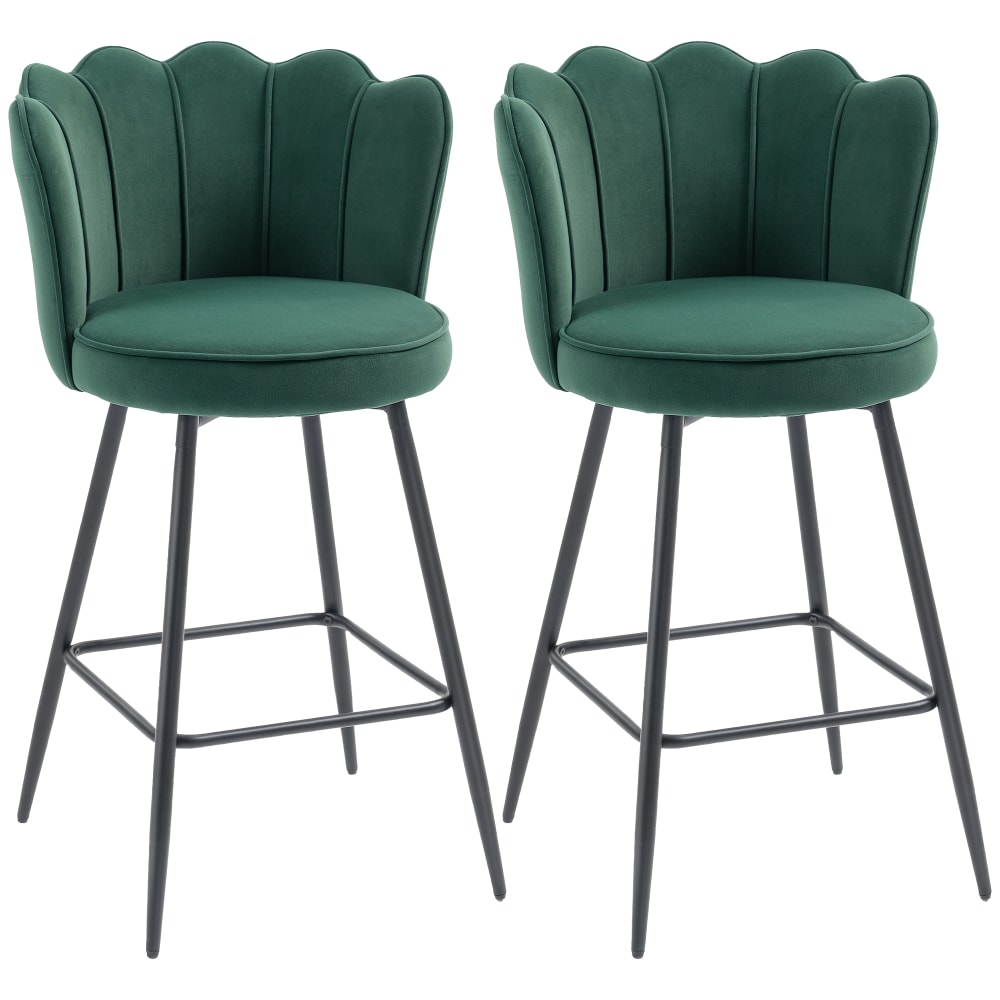 Lot de 2 tabourets de bar dossier en forme pétales velours vert foncé