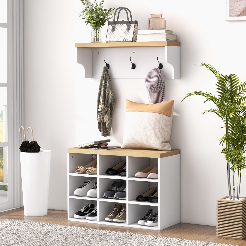 Wandbank-Schuhregal 3-Haken 9-Fächer Weißholz - Maisons Du Monde