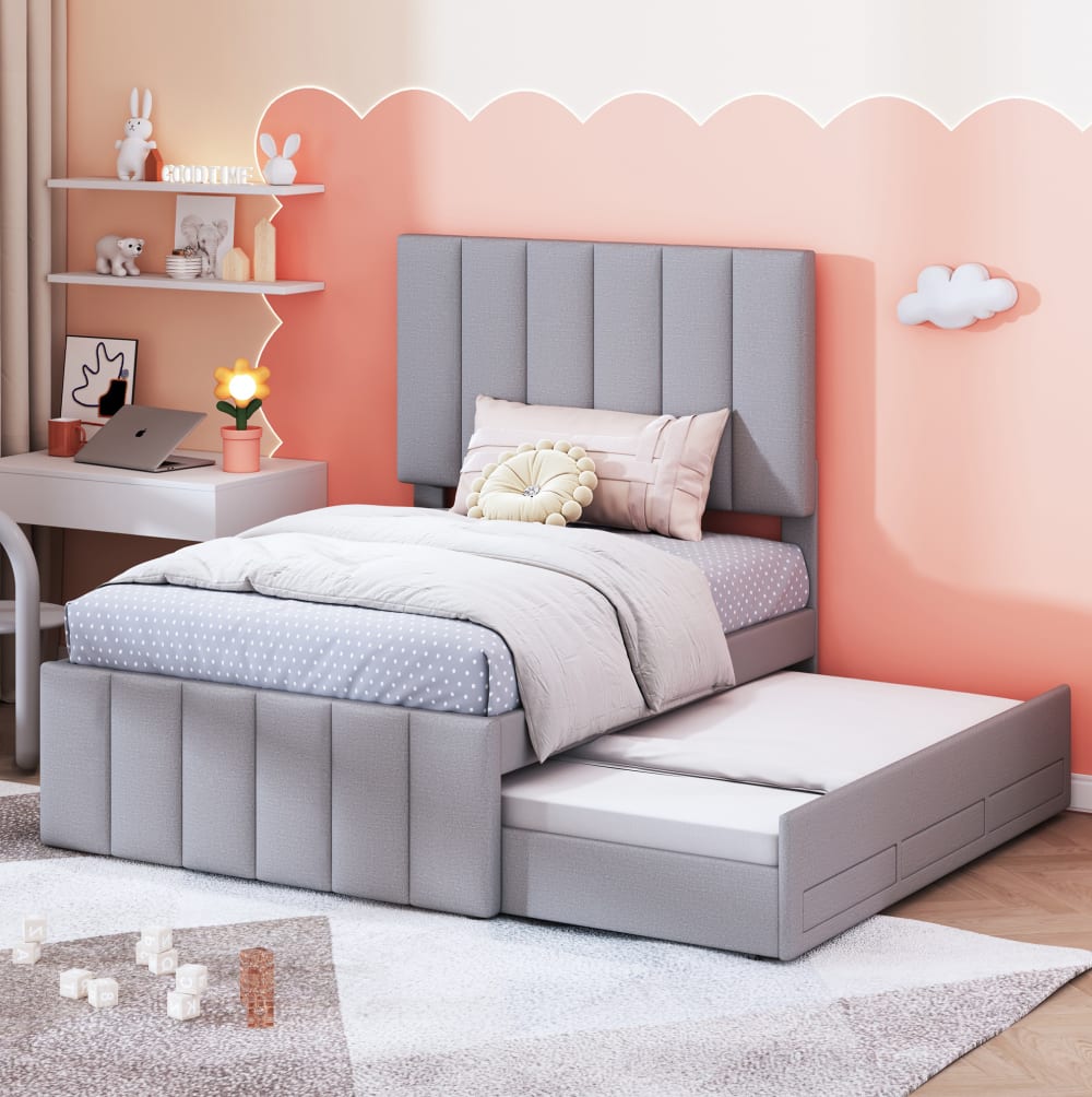 OKWISH Kinderbett mit Leinen, Rollbett und 3 Schubladen 90x200 cm, grau Leinen Baby