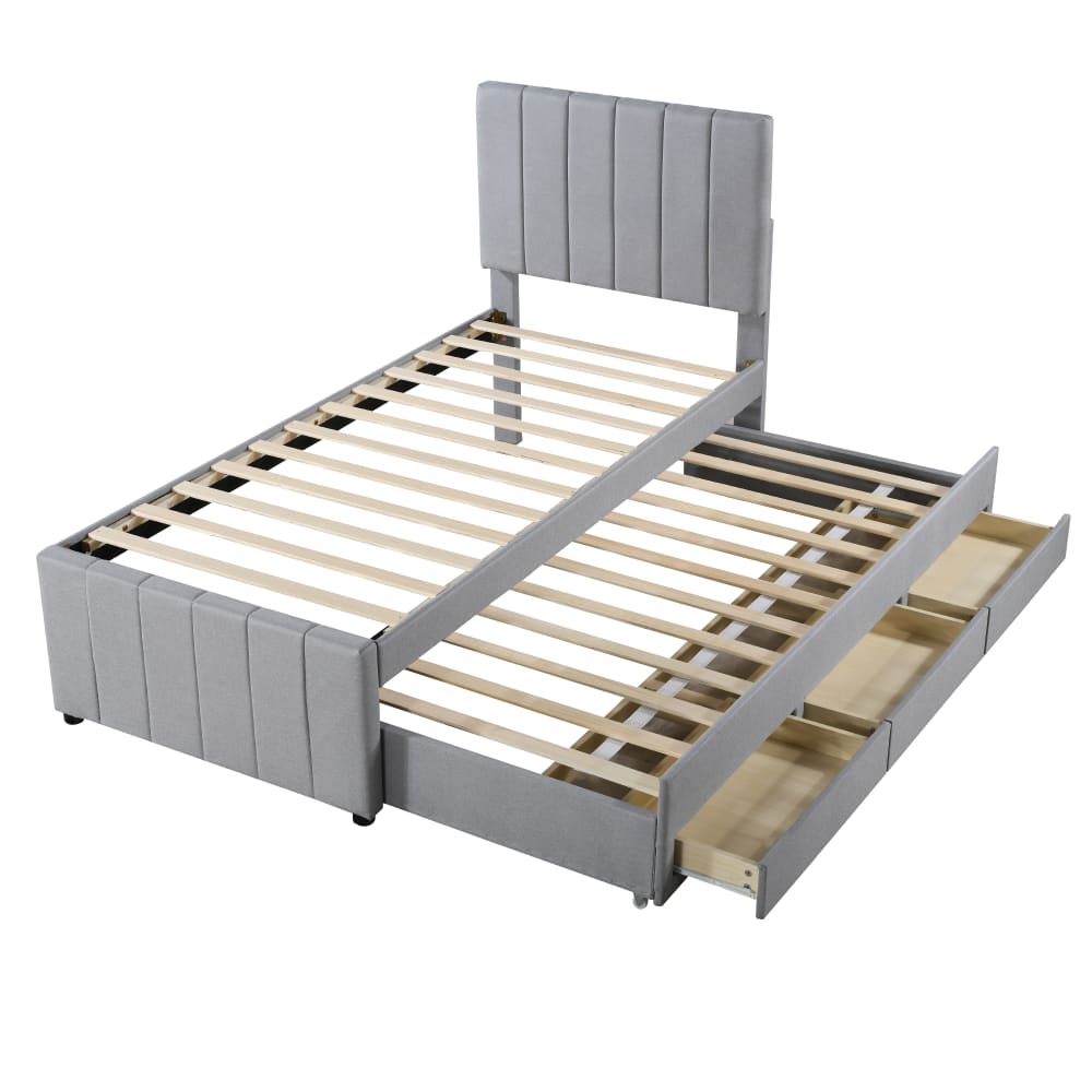 Lit enfant en lin gris avec lit gigogne et 3 tiroirs 90 x 200 cm