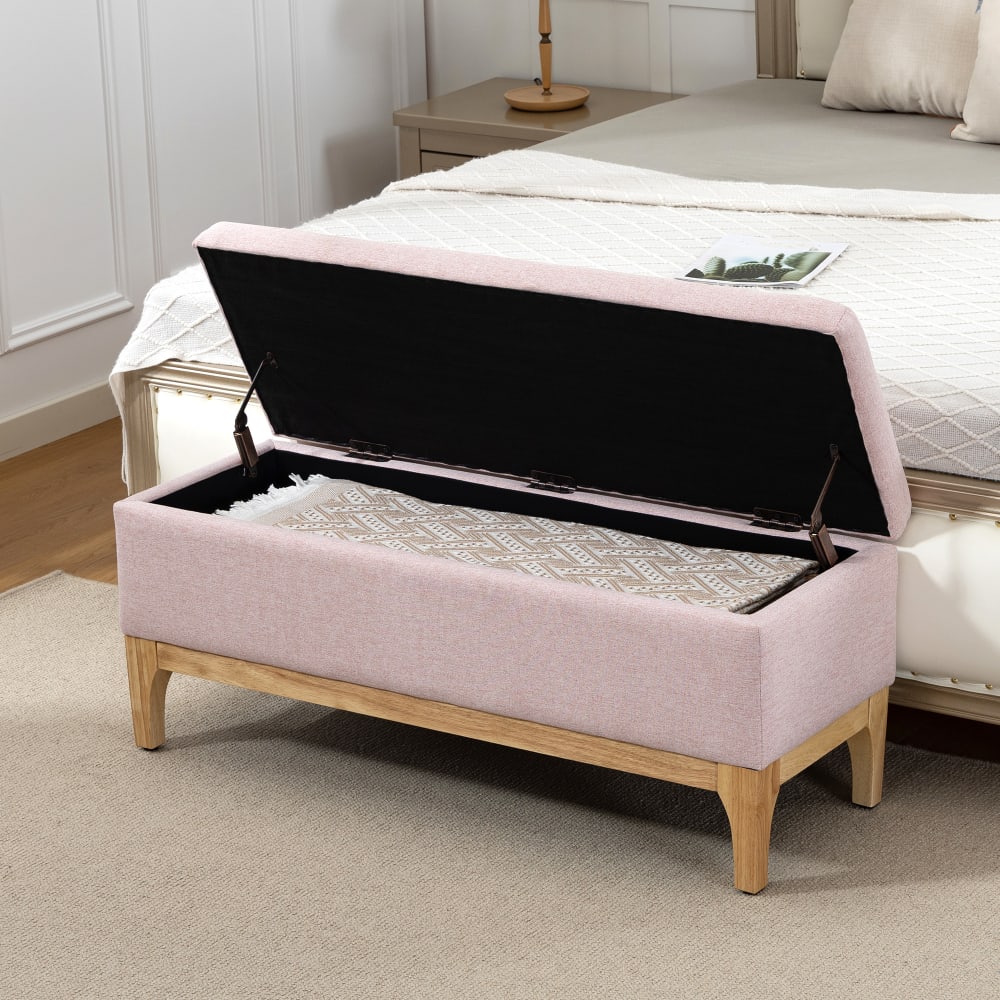 Banc coffre rangement scandinave assise tissu bois rose