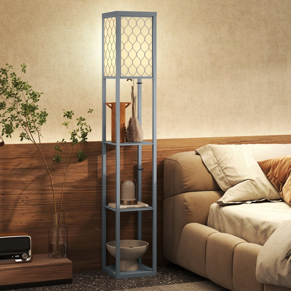 Lampadaire 3 étagères abat-jour tissu motif nid d'abeille mdf gris — vue 3