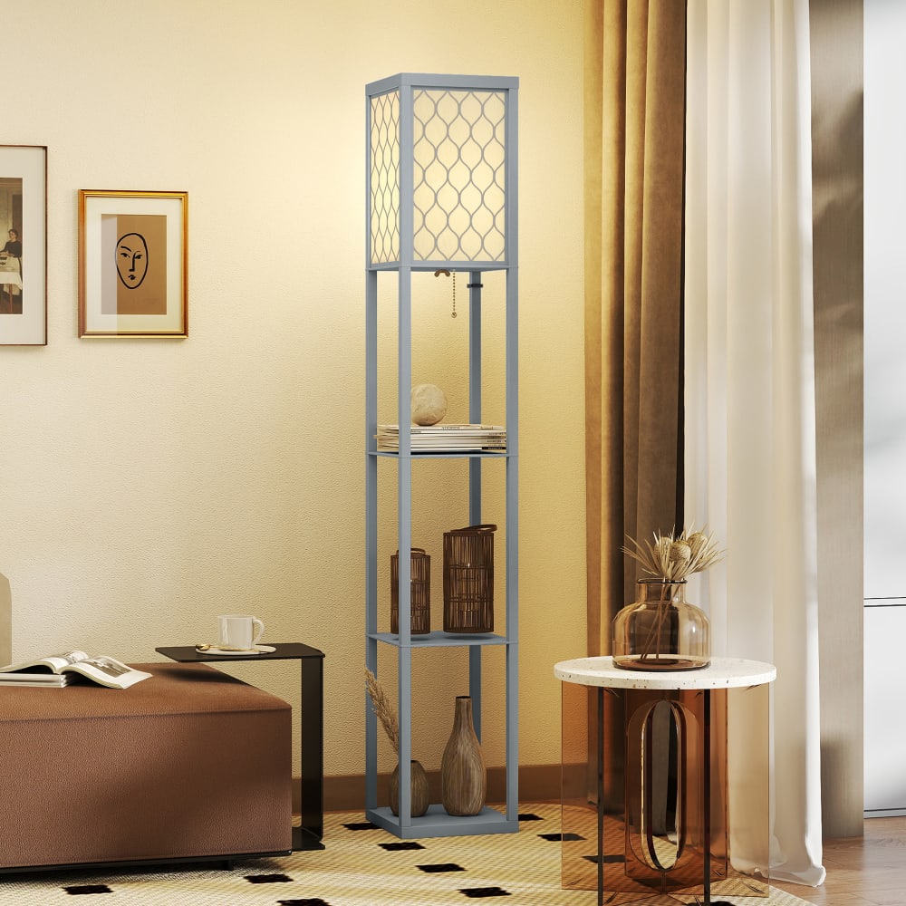 Lampadaire 3 étagères abat-jour tissu motif nid d'abeille mdf gris — vue 4