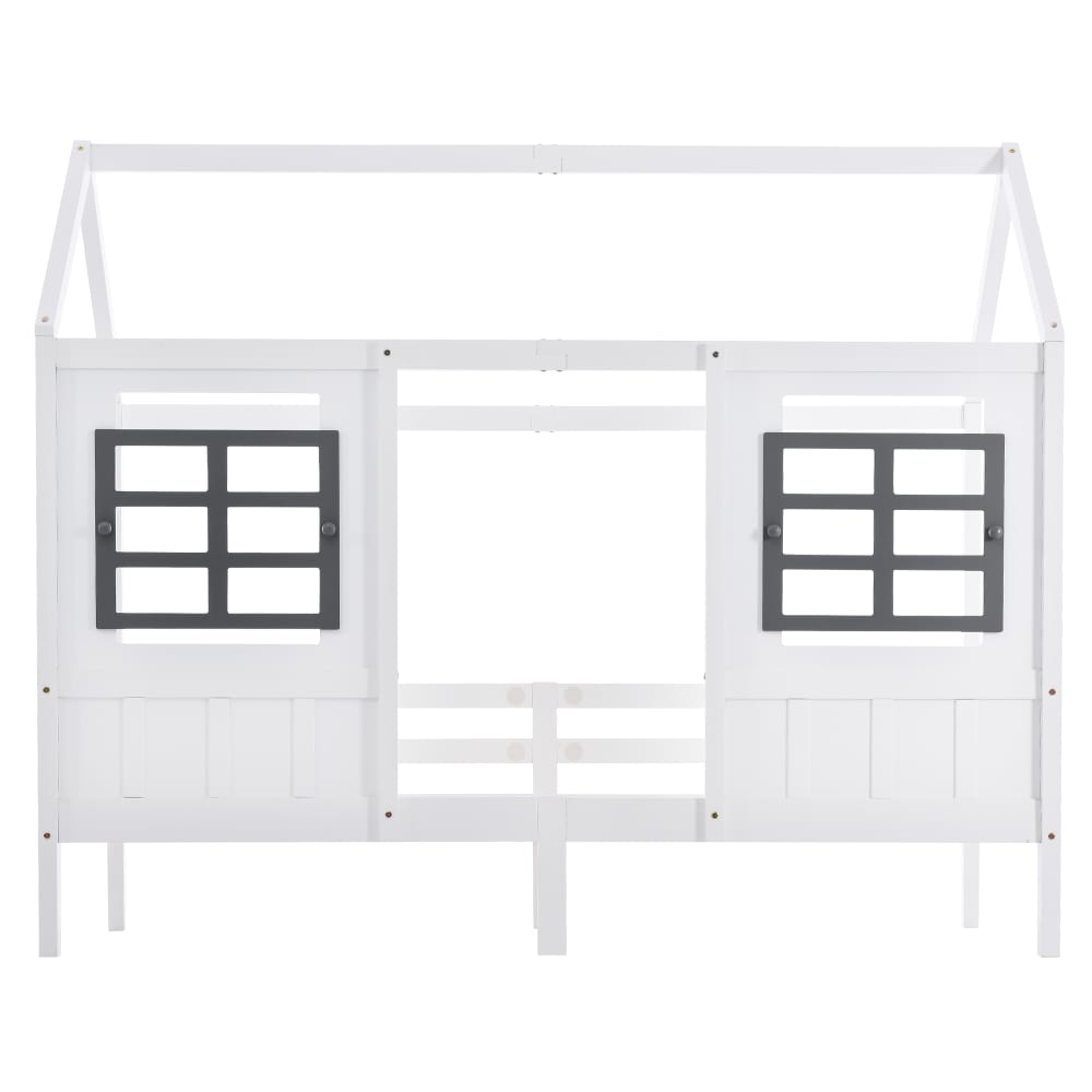 OKWISH Kinderbett aus Kiefernholz mit 2 Fenstern Hausform 200x90 cm, weiß Baby -