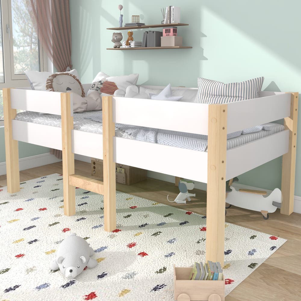 OKWISH Hochbett aus Kiefernholz mit Rausfallschutz 90x200 cm, weiß Baby -