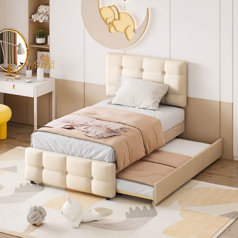 Lit enfant en lin beige avec lit gigogne 90 x 200 cm