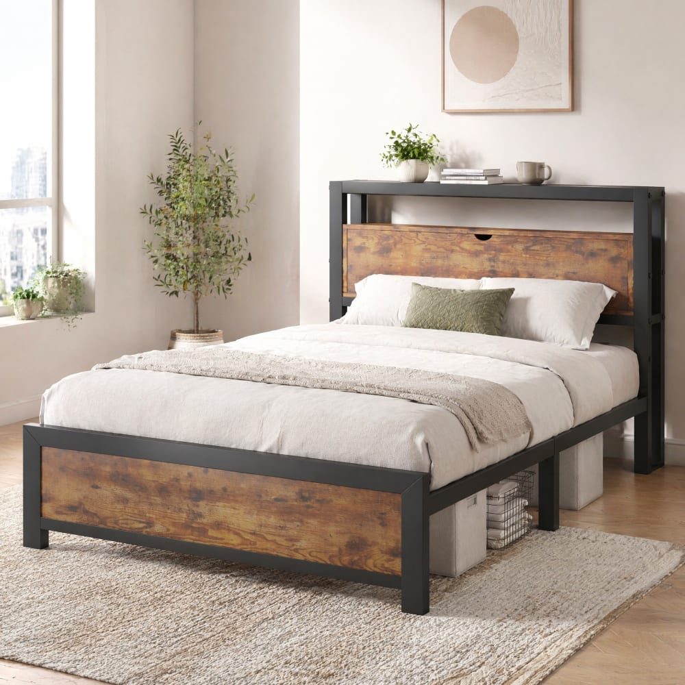 OKWISH Kinderbett aus Metall und Holz mit Stauraum-Kopfteil 90x200 cm, natur BRAUN METALL Baby