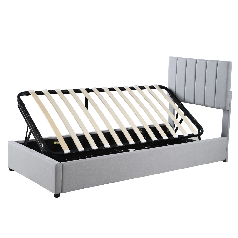 OKWISH Kinderbett aus Leinen mit Hydraulik-Stauraum 90x200 cm, grau Leinen Baby