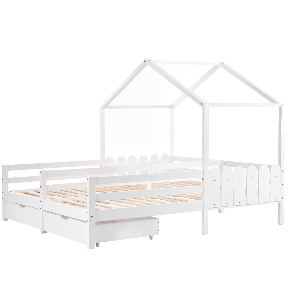 OKWISH Kinderbett aus Kiefer mit 2 Schubladen 90x200 cm, weiß Holz Baby