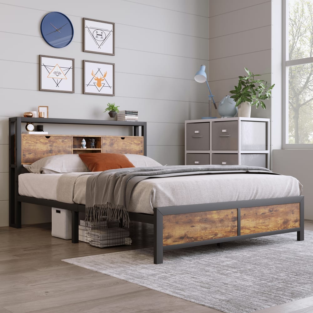 Lit enfant en métal et bois avec tête de rangement 140 x 200 cm