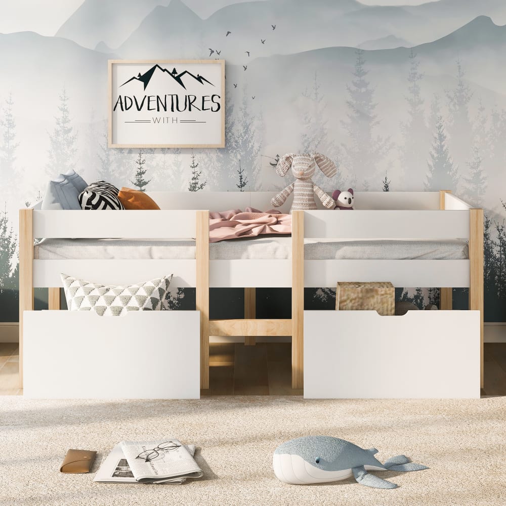 Hochbett aus Kiefer mit 2 Schubladen und Rausfallschutz 90x200cm,