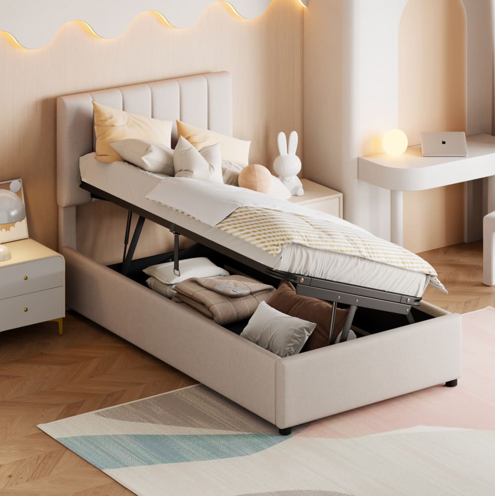 OKWISH Kinderbett aus Leinen mit hydraulischem Bettkasten 90x200 cm, beige Leinen Baby