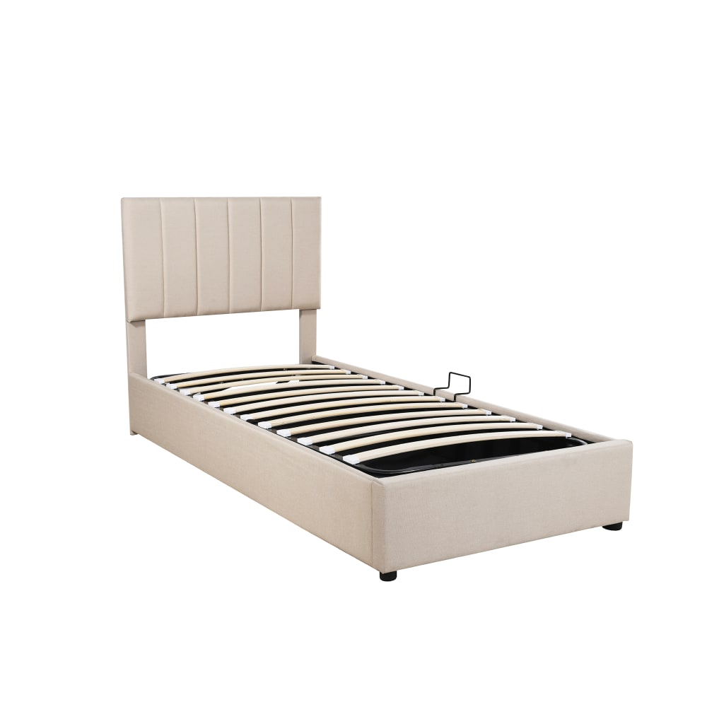 Lit enfant en lin beige avec coffre hydraulique 90 x 200 cm