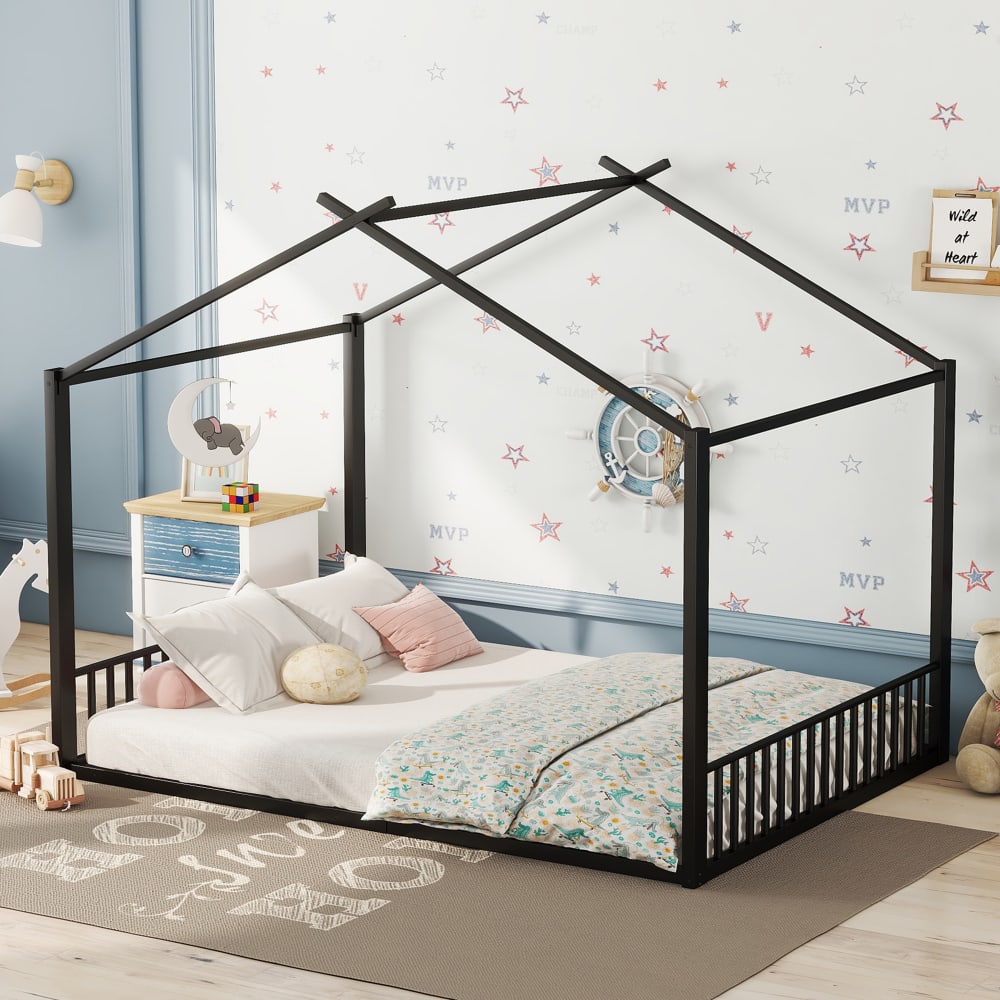 OKWISH Kinderbett aus Metall mit Hausform und Design 140x200 cm, schwarz Metall Baby