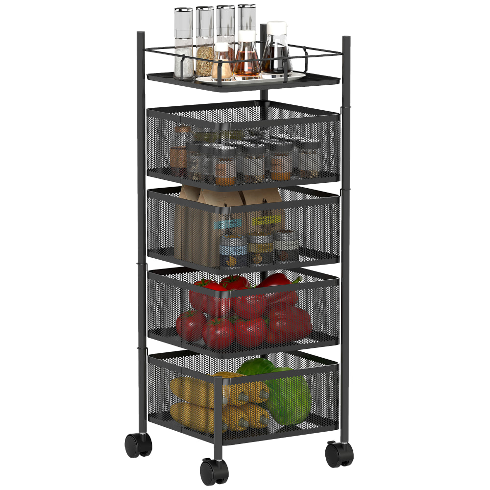 Desserte de cuisine à roulettes 4 paniers rotatifs étagère métal noir