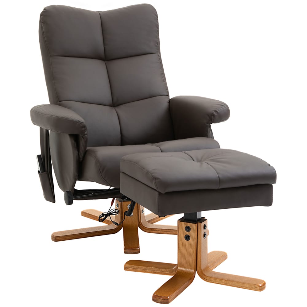 Fauteuil relax massant avec pouf dossier inclinable pivotant PU marron