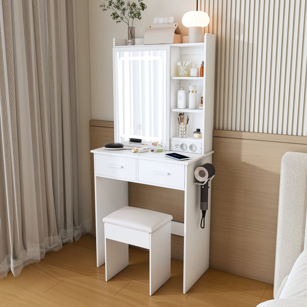 Schminktisch mit Spiegel, LED-Beleuchtung und Hocker 60x36x136cm,