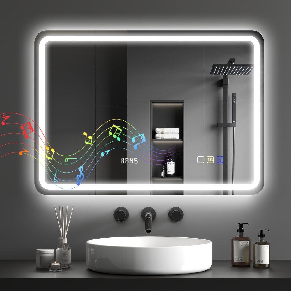 Miroir salle de bain Bluetooth avec éclairage verre trempé argenté