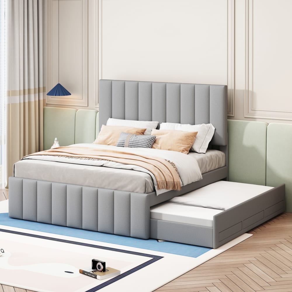 Lit enfant en tissu gris avec lit gigogne et tiroirs 140 x 200 cm