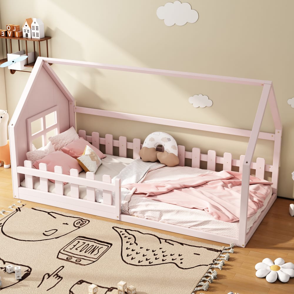 OKWISH Kinderbett aus Kiefernholz und Spanplatte 90x200 cm, rosa Baby -