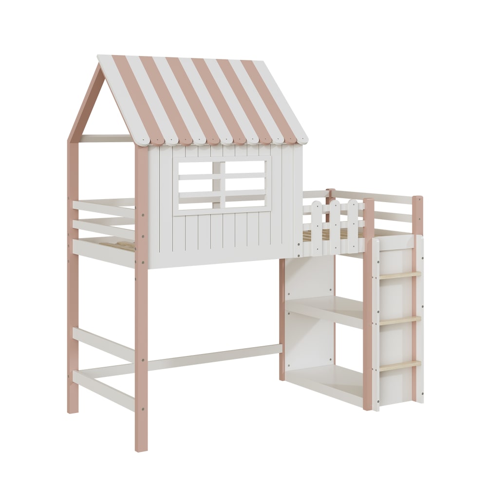 Lit enfant 90 x 200 cm en bois massif rose avec échelle et rangement Lit enfant 90 x 200 cm en bois massif rose avec échelle et rangement