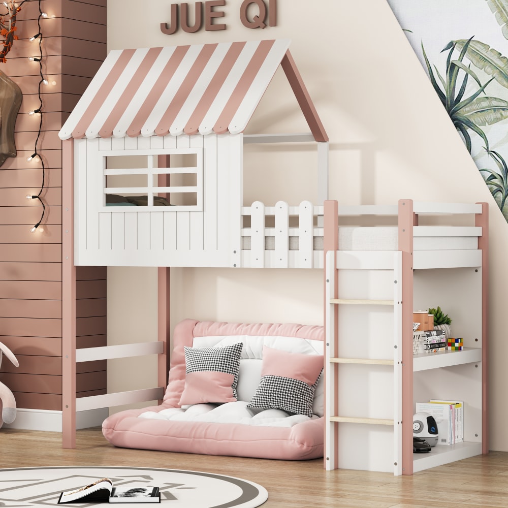 Lit enfant en bois massif rose avec échelle et rangement 90 x 200 cm