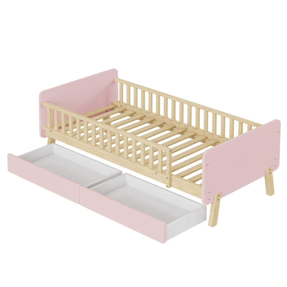 Lit enfant en pin massif rose avec 2 tiroirs 90 x 190 cm