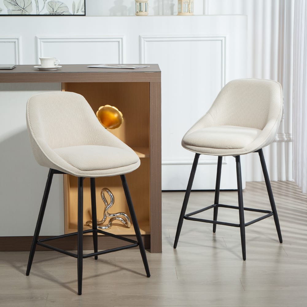 Lot de 2 tabourets de bar dossier repose-pieds en velours côtelé crème