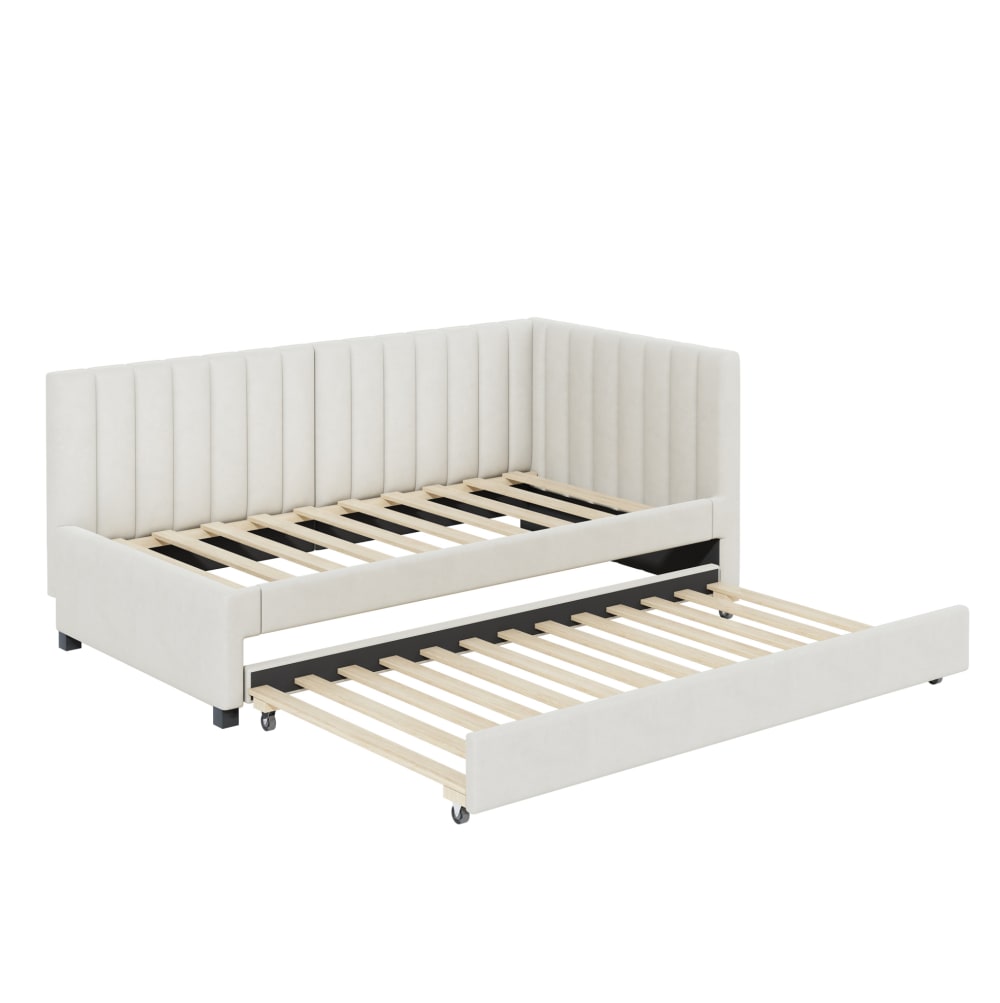 Lit enfant rembourré 90x200 cm en velours beige avec lit gigogne