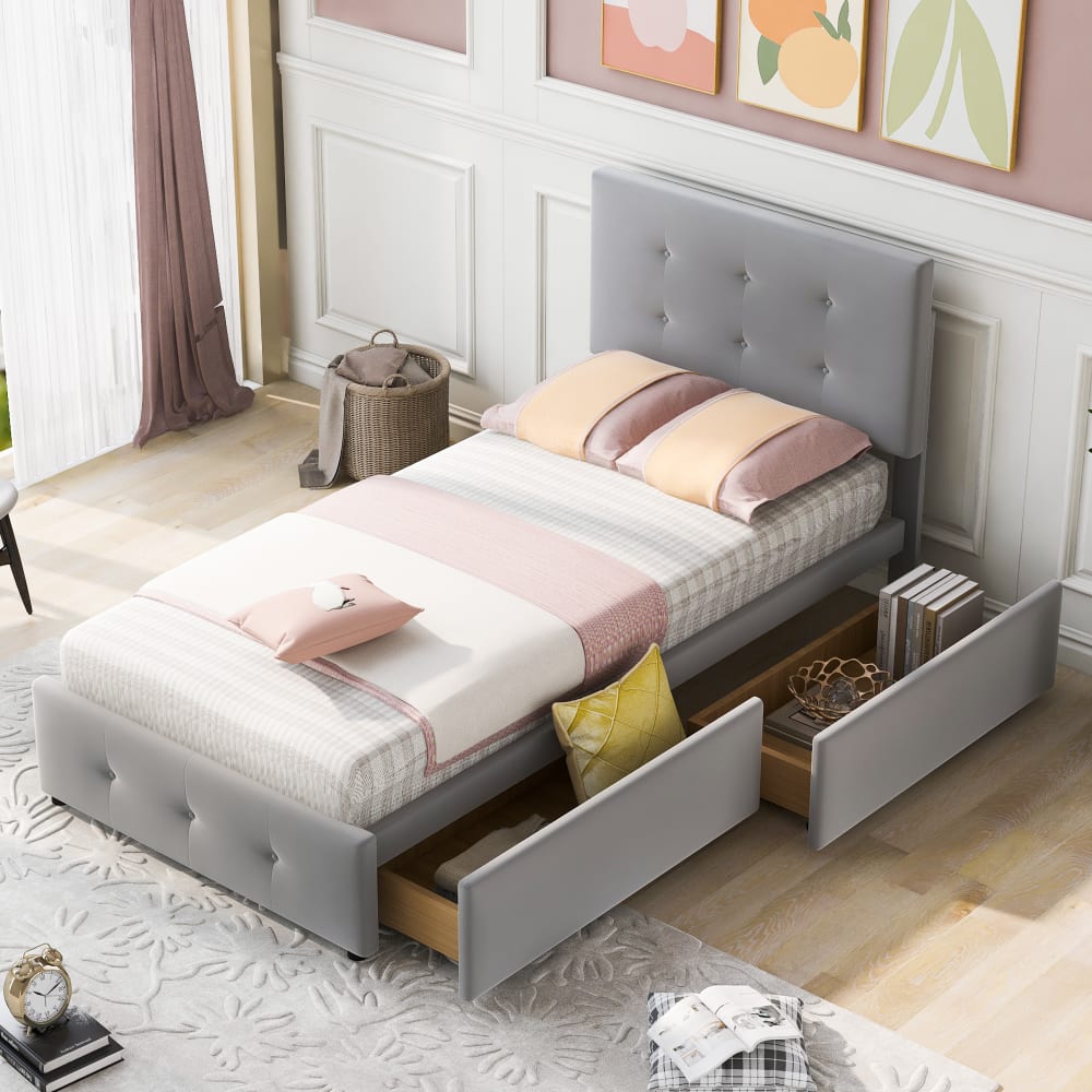 OKWISH Kinderbett mit Polsterbezug aus Samt mit Schublade 90x200 cm, grau Samt Baby