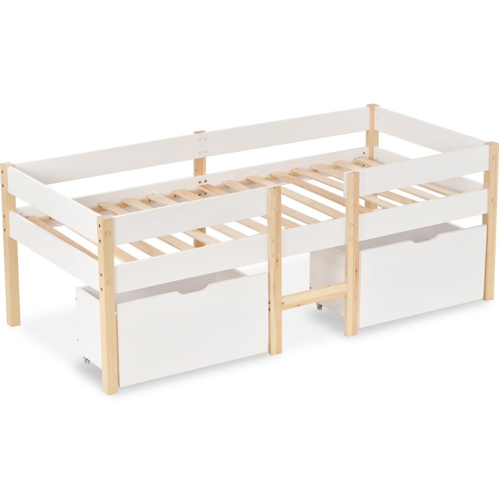 OKWISH Hochbett aus Kiefer mit Schublade und Rausfallschutz 90x190 cm, weiß Holz Baby