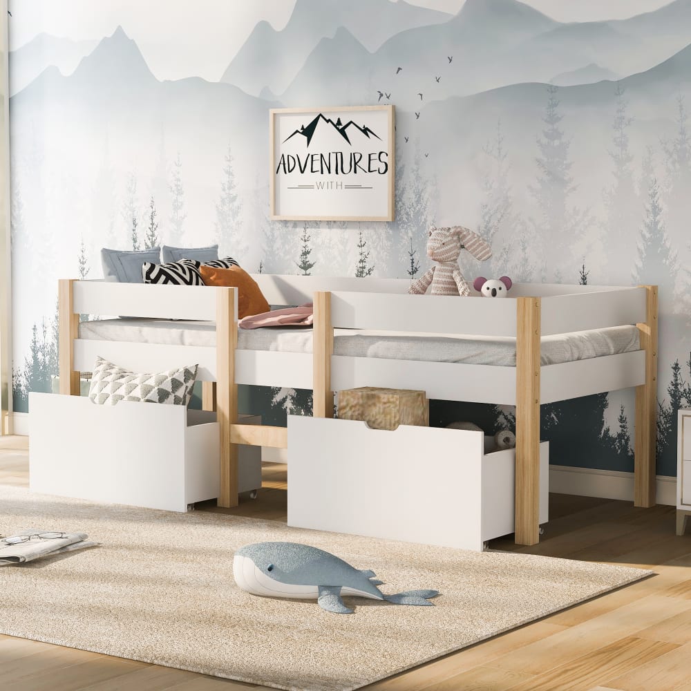 Hochbett aus Kiefer mit Schublade und Rausfallschutz 90x190 cm,
