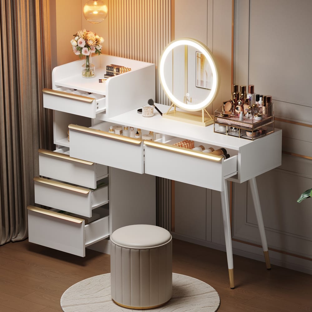 Coiffeuse blanche avec plateau extensible et miroir LED 100x41,5x102cm