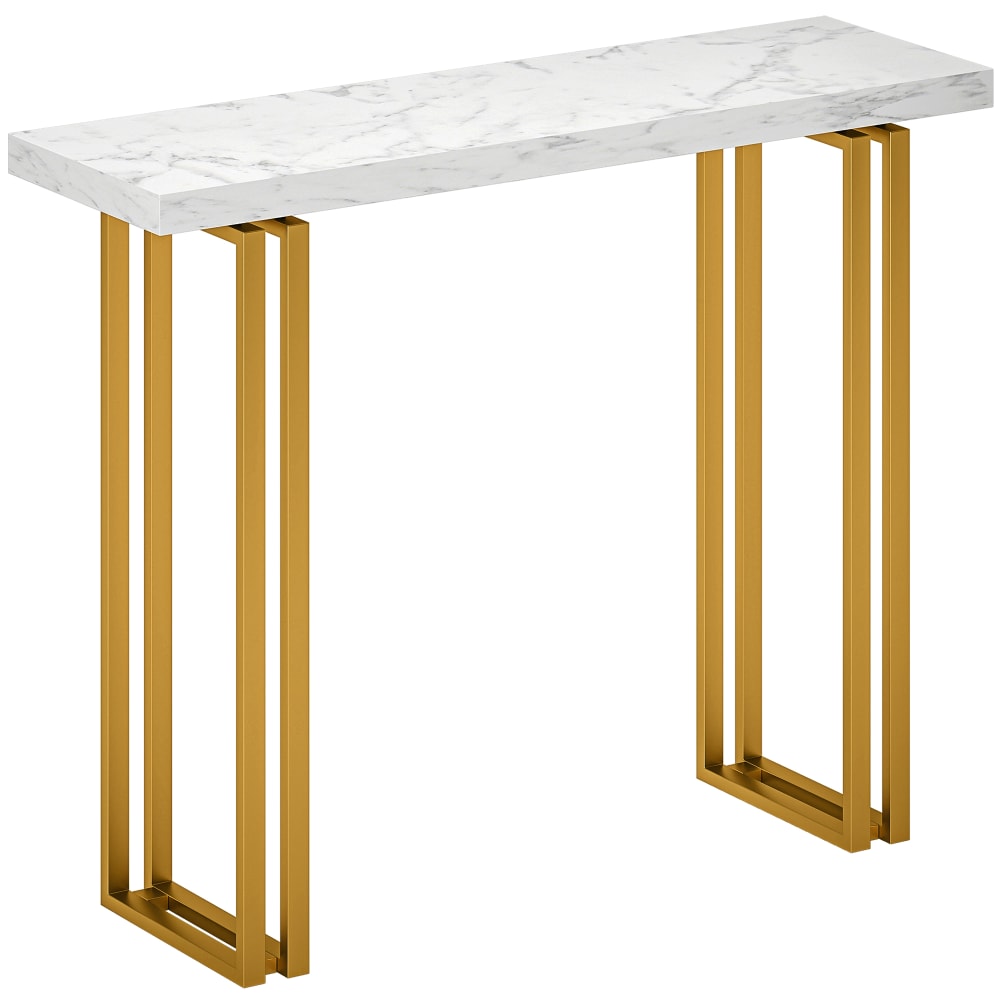 Table console plateau imitation marbre structure en acier blanc et or